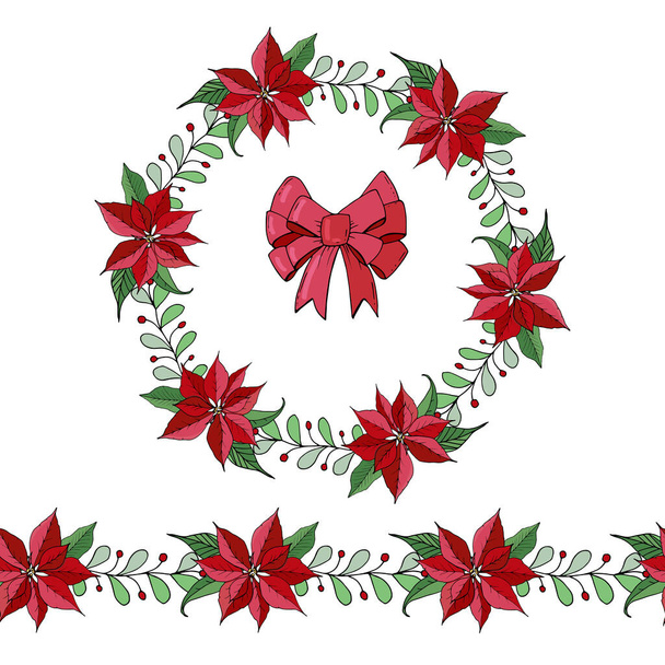 Bonita corona con decoración navideña. Guirnalda redonda decorada con elementos festivos de temporada
. - Vector, imagen
