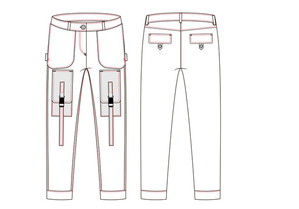 Cargo pants with large side pockets technical sketch. Front and back views - Vektorgrafik - Photo, Image