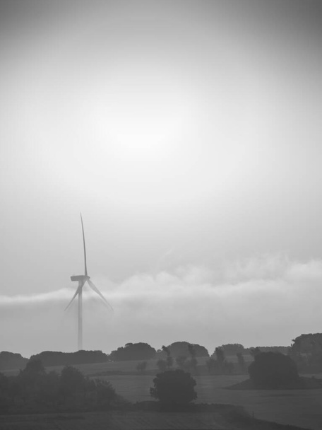 szélturbinák egy szélerőműben hajnalban. - Fotó, kép