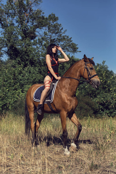 Passeio de verão da menina com um cavalo marrom
 - Foto, Imagem