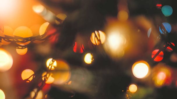 Closeup blurred image of Christmas LED lights bokeh and Christmas tree branch - Foto, imagen