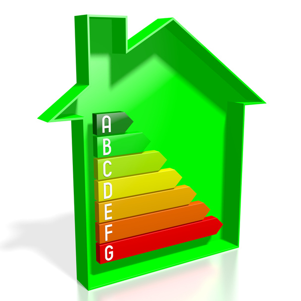 3D energy efficiency chart - house shape - A, B, C, D, E, F, G - Foto, afbeelding