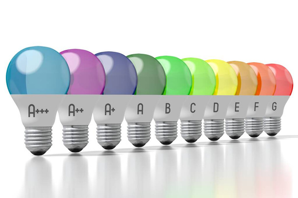 3D energy efficiency chart - light bulbs - A+++, A++, A+, A, B, C, D, E, F, G - Photo, Image