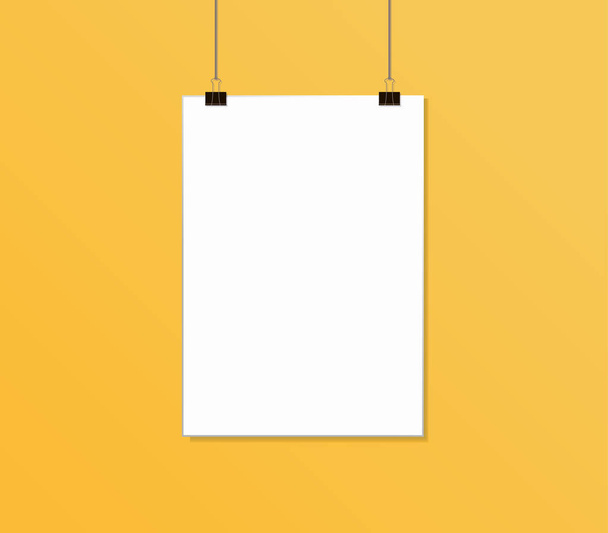 Bílý plakát visí na laně s kancelářskými sponkami u žluté stěny. Prázdné plátno šablony Mockup design. Vektorová ilustrace. Eps 10 - Vektor, obrázek