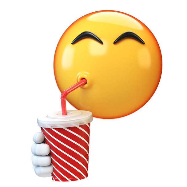 emoji-trinksoda isoliert auf weißem hintergrund, emoticon hält alkoholfreie getränktasse 3d rendering - Foto, Bild