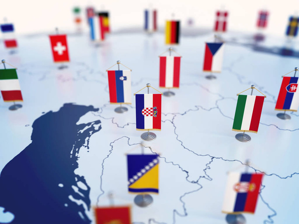 Флаг Хорватии в центре внимания среди флагов других европейских стран. Европа отмечена табличными флагами 3D рендеринга
 - Фото, изображение