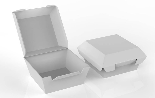embalaje de la caja de alimentos en blanco para hamburguesa, almuerzo paquete de productos sándwich de comida rápida sobre fondo blanco. ilustración 3d
 - Foto, Imagen
