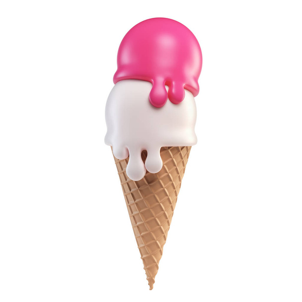 Strawberry ice cream and vanilla ice cream scoop with cone on white background 3d rendering - Fotoğraf, Görsel