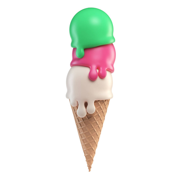 Various flawors ice cream scoop with cone on white background 3d rendering - Фото, изображение