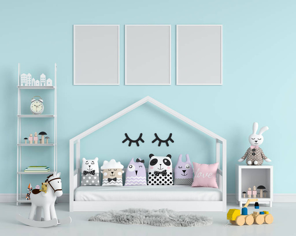 Three empty photo frame for mockup in child bedroom, 3D renderin - Photo, Image