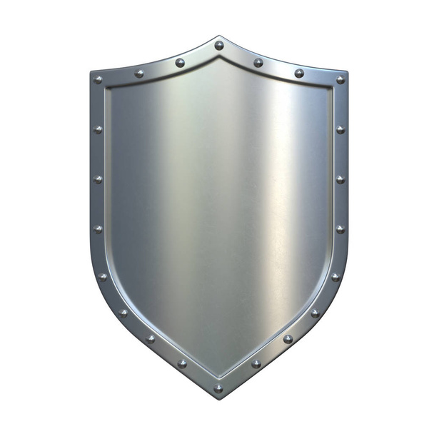 Steel medieval shield, metallic shield, isolated on white background, 3d rendering - Foto, Imagem
