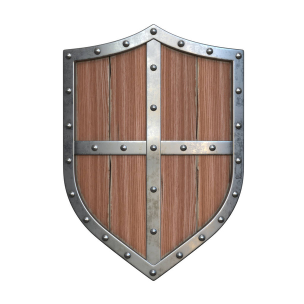 Wooden medieval shield with cross, viking shield isolated on white background, 3d rendering - Foto, Imagen