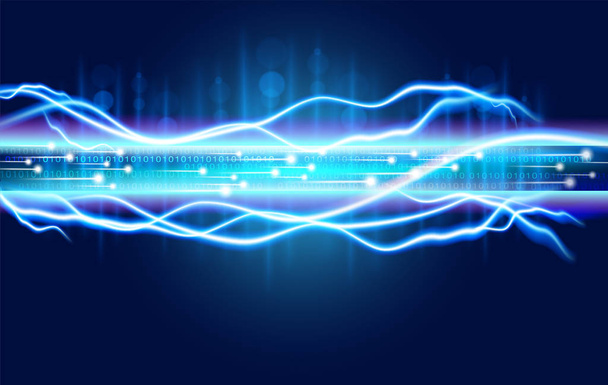 Dijital optik fiber teknolojisi yüksek voltajlı elektriğin kıvılcım gücüyle soyutlanır. Geleceğin kablosunun hızı ve gücü ifade ediliyor Büyük veri aktarımı - Vektör, Görsel