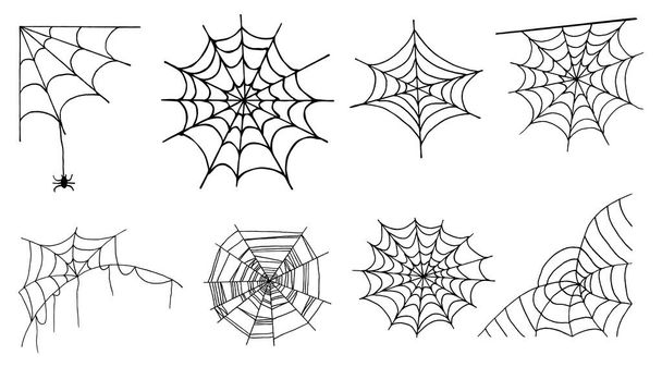 Sada Halloween monochromatické pavučiny na bílém pozadí. Vektorové ilustrace izolované strašidelné pozadí pro říjnové noční párty. Dekorativní prvek pro pozvánky, textil, potisk a design. - Vektor, obrázek