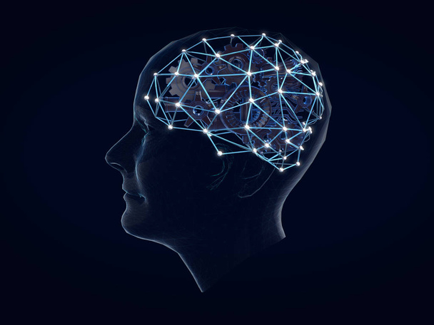 Zahnräder in Form eines Gehirnkonzepts am Kopf des Menschen, abstraktes Brain.3d Rendering  - Foto, Bild