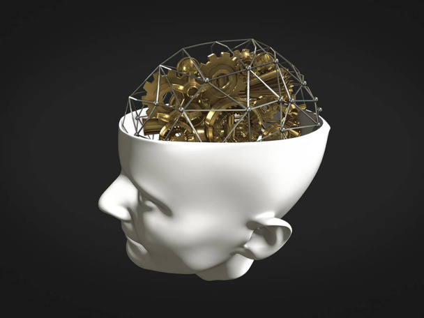 Altın dişliler ve insan kafasındaki beyin biçimli makine parçaları, zeka çalışma konsepti, soyut beyin 3D görüntüleme - Fotoğraf, Görsel