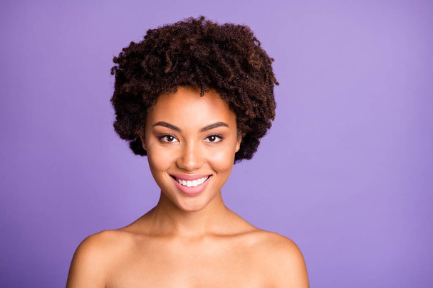 Close up photo of toothy charming sweet pretty young girl of pure beauty smiling with her shiny white teeth naked purified smooth soft skin isolated over purple pastel color background - Foto, immagini