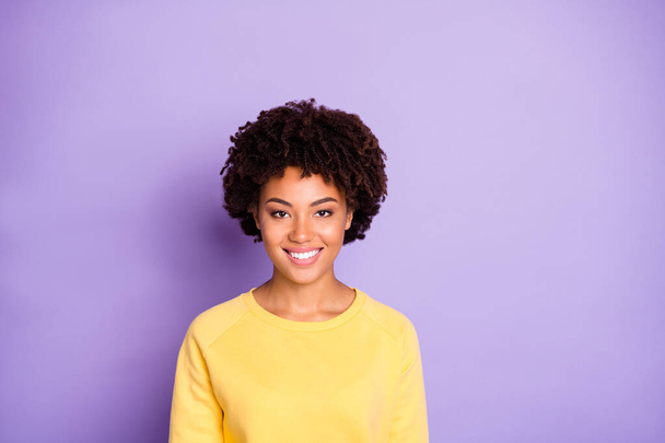 Photo of confident cheerful nice pretty sweet youngster smiling toothily looking into camera isolated over purple pastel color background - Fotó, kép