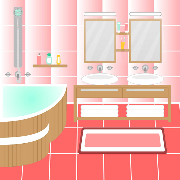 Intérieur de salle de bain moderne rose avec mobilier. Design salle de bain moderne
. - Vecteur, image