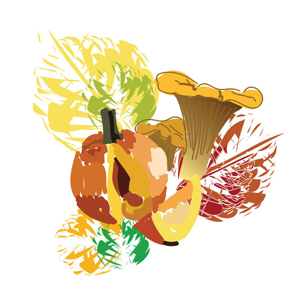 Autumn still life with bright leaves, mushrooms and pumpkin. Bright card on a white background - Vector, Imagen