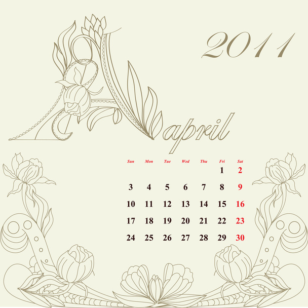 Vintage calendar for 2011, april - Wektor, obraz