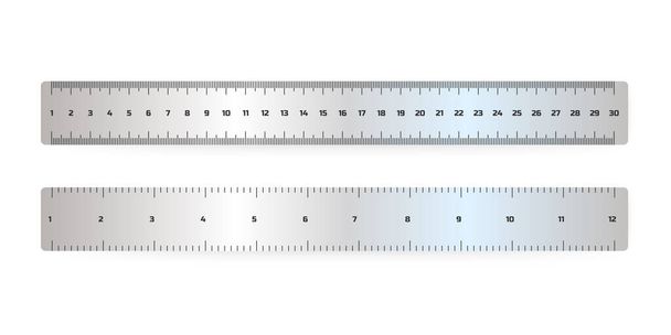 Escala realista de medición de reglas metálicas. Marcado vectorial para reglas de 30 centímetros de 15 pulgadas, herramienta de medición de metal instrumento de metro cm. Ilustración vectorial
. - Vector, imagen
