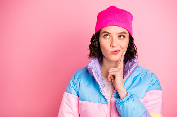 Closeup photo of amazing minded lady hand touch chin wear warm colored coat isolated pink background - Fotografie, Obrázek