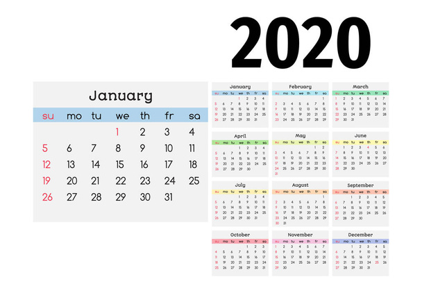 Calendar for 2020 isolated on a white background - Vector, Image