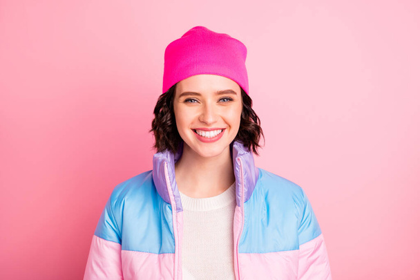 Closeup photo of nice lady wear warm colored coat isolated pink background - Photo, Image