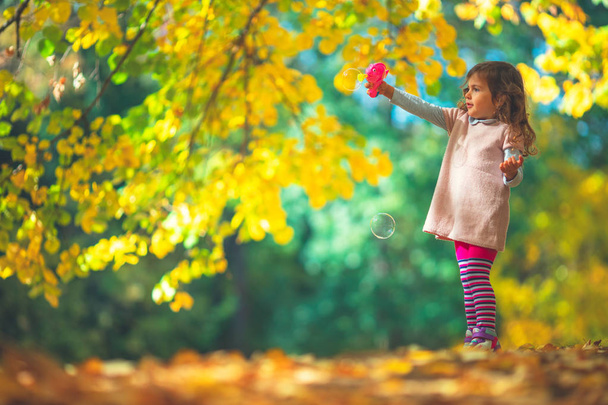 Belle petite fille jouant avec les feuilles dans un parc d'automne
 - Photo, image