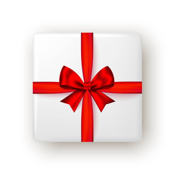 Gift box with red ribbon and bow, top view.  - Vektori, kuva