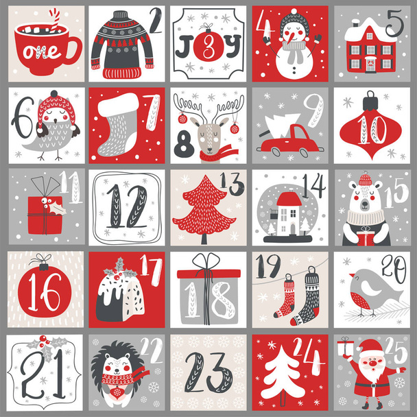 Calendario de Adviento de Navidad con elementos dibujados a mano. Cartel de Navidad. Vector - Vector, imagen