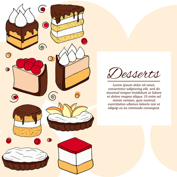 Dessert card concept. Cakes illustration for design and web - Вектор,изображение