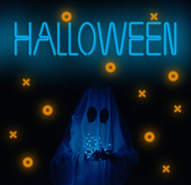White ghost and neon sign Halloween. - Foto, Imagem
