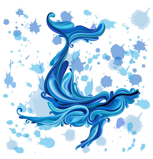 Abstract vector silhouette of a blue whale among drops of water - Вектор,изображение