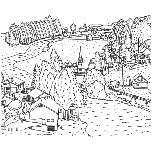 landschap met huis en rivier vector illustratie schets doodle hand getekend met zwarte lijnen geïsoleerd op witte achtergrond - Vector, afbeelding