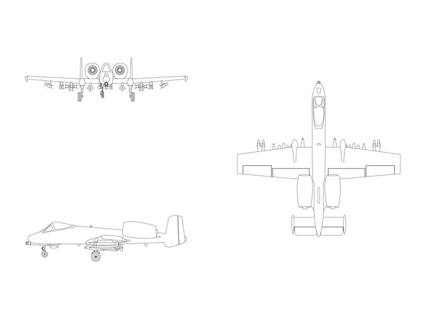 Ilustracja linii wektorowej samolotu bojowego odizolowanego na biało - Wektor, obraz