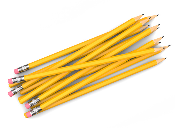 Bunch of yellow pencils, with and without erasers - top down view - 写真・画像
