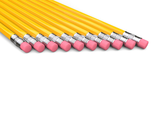 Ластиковые концы желтых графитовых карандашей подряд
 - Фото, изображение