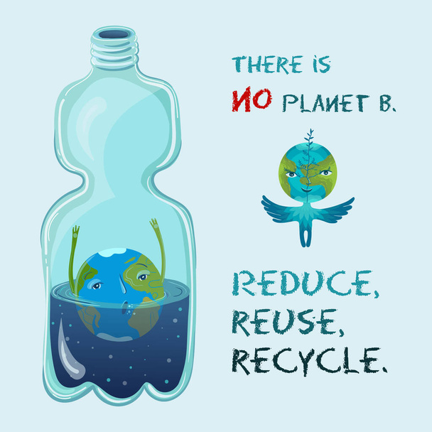 Wektorowa konceptualna ekologiczna ilustracja planety Ziemia, która tonie w plastikowej butelce. - Wektor, obraz