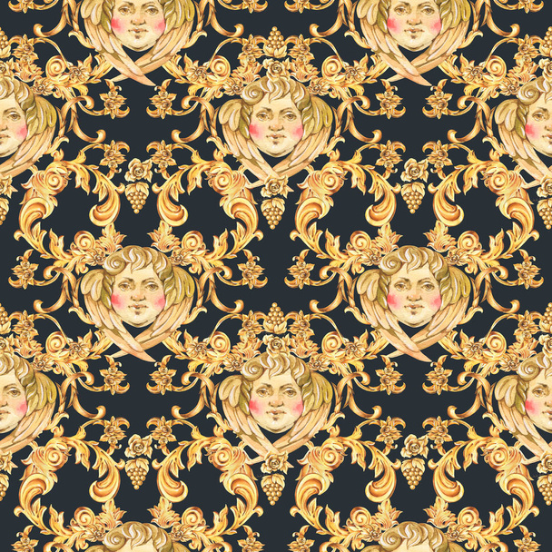 Aquarel luxe gouden barokke engel naadloos patroon, bloemen  - Foto, afbeelding