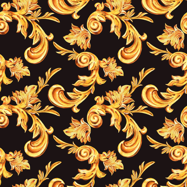 水彩黄金のバロックの花はシームレスなパターンをカール、ロココ - 写真・画像