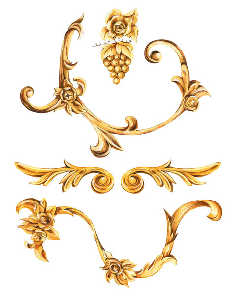 Conjunto barroco dorado acuarela de rizo floral, adorno rococó el
 - Foto, Imagen