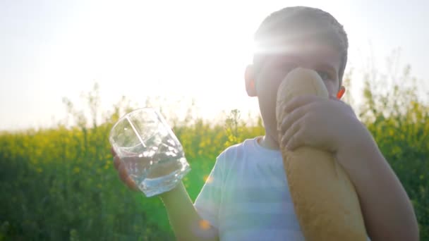 enfant heureux mange du pain et boit de l'eau propre sur la prairie dans le contre-jour, jeune avec pain pain et verre à la main
 - Séquence, vidéo