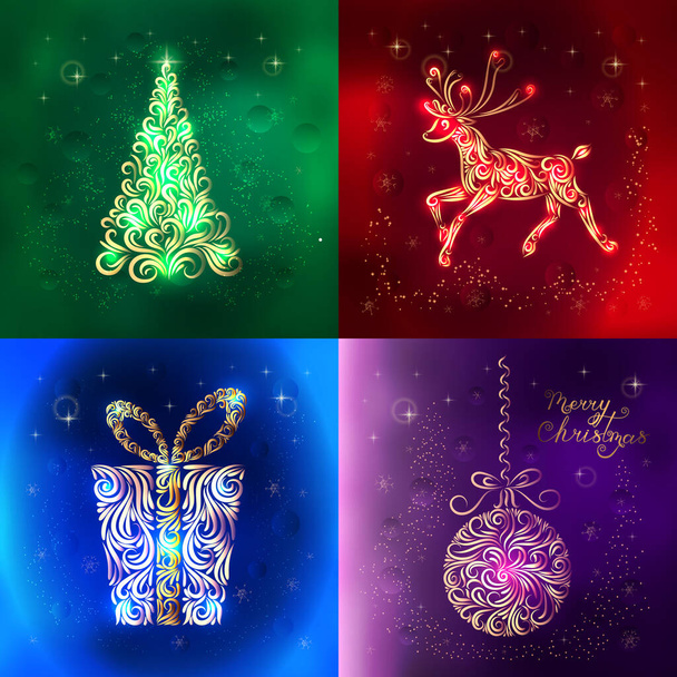 Christmas card set. Multicolored stylized cards with the image of Christmas tree, reindeer, Lettering merry Christmas, gift, Christmas balls. - ベクター画像