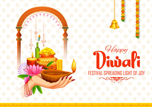Burning diya on happy Diwali Holiday background for light festival of India - Vector, Image