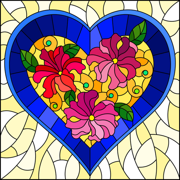Иллюстрация в витражном стиле с ярко-голубым сердцем и розовыми цветами на желтом фоне
 - Вектор,изображение