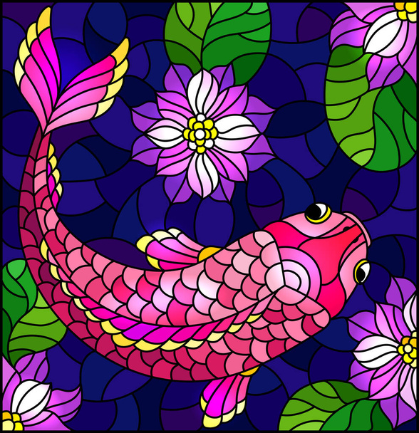 紫の蓮と水を背景にピンク色の魚が描かれたステンドグラス風のイラスト - ベクター画像