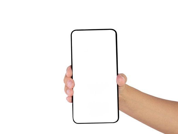 Крупним планом рука тримає смартфон ізольовано на білому тлі
 - Фото, зображення