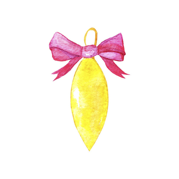 Joulun koostumus vaaleanpunainen keula ja keltainen pallo eristetty valkoisella pohjalla. Loma suunnittelu onnittelukortteja, kalentereita, julisteita, tulosteita, kutsuja
.  - Valokuva, kuva
